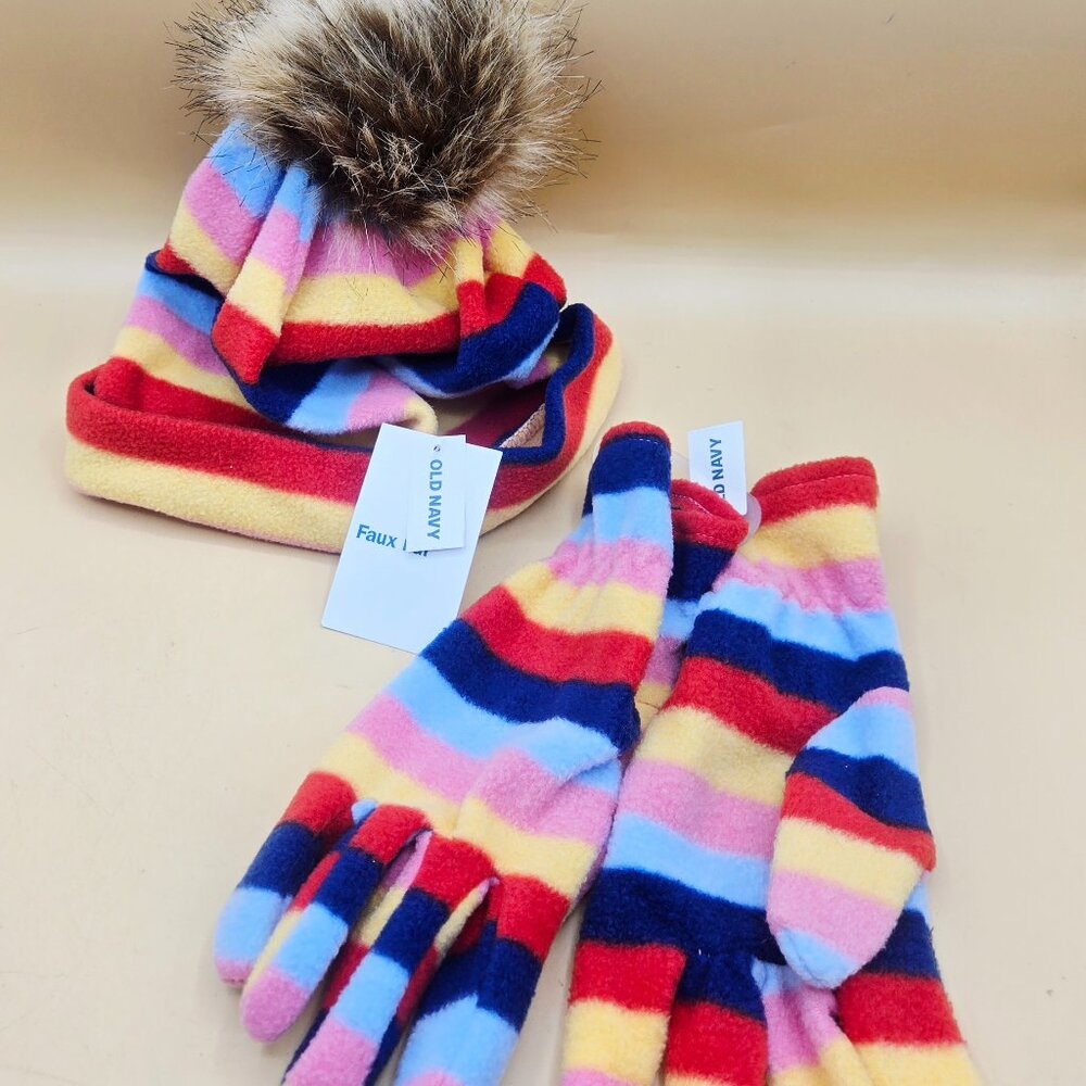 Old Navy Striped Gloves & Beanie with Faux Fur Top